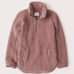 A & F Sherpa Half-Zip Faux Leather-Trim Pullover